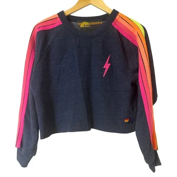 Aviator Nation Bolt Embroidery Cropped Sweatshirt Heather Navy Neon Stripes S - Picture 5 of 11